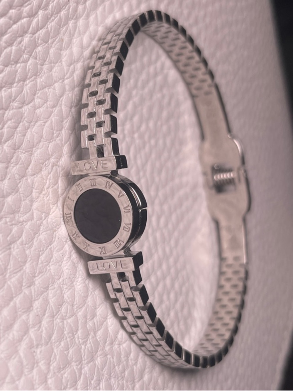 Silver 'Love' Engraved Round Link Bracelet Watch - Women's Accessory